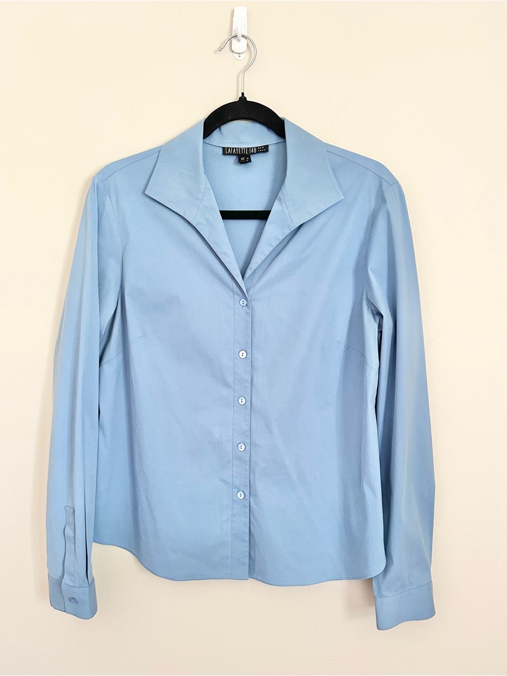 Lafayette 148 New York Blue Cotton Button Down Blouse 12 Quiet Luxury Career